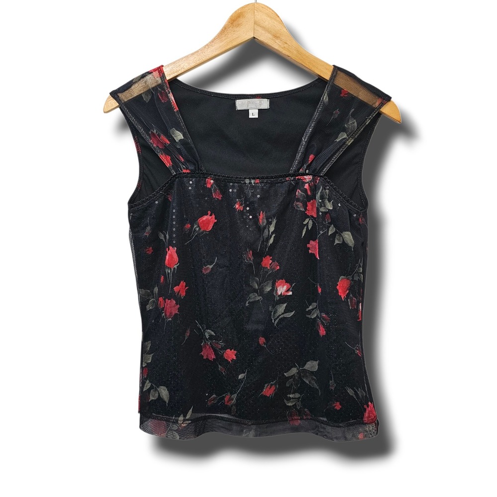 Y2K Fragile Top L Black Red Rose Sequins Mesh Fairy‎ Whimsigoth Valentine's Day